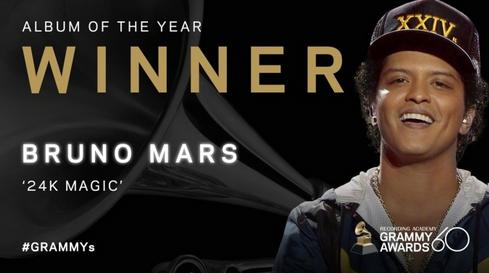 火星哥成今年格莱美最大赢家，横扫年度专辑、单曲、制作三大奖项