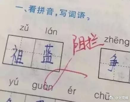 小学生拼音填词将阻拦写成祖蓝 王祖蓝：没毛病啊