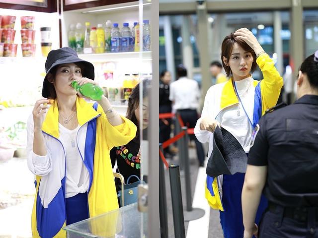张嘉倪现身机场，身穿黄蓝运动套装清新又减龄，充满青春的活力