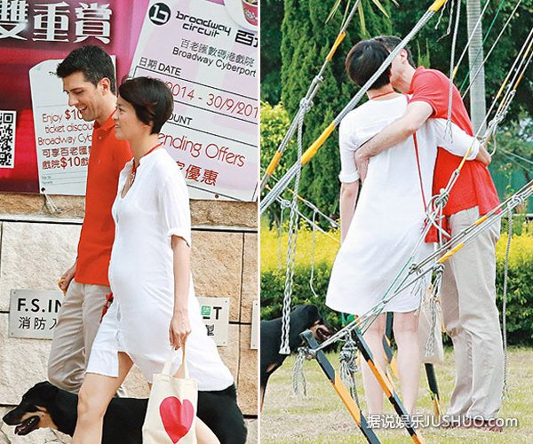 梁咏琪挺大肚遛狗与老公当街热吻