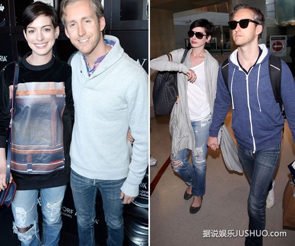 安妮海瑟薇抵沪 老公陪同紧牵手甜蜜说笑